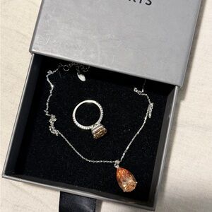 Silver Ring and Necklace Set with Orange Gemstone